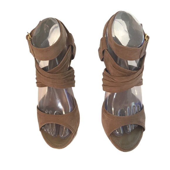 Louis Vuitton Camel Suede Wedge Ankle Wrap Sandals Gold LV Buckle Size 37 (US 7) - Picture 3 of 14